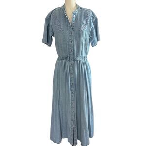 Vintage 90s Y2K Denim Maxi Dress Womens‎ Vtg 8 (fits 4?) Embroidered Cottagecore